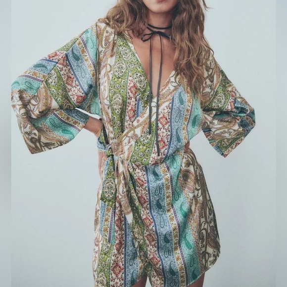 Zara multicolored blue crossover playsuit  size medium - Picture 2 of 7